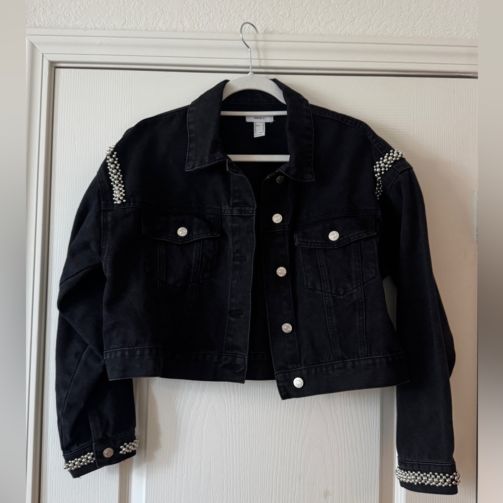 Black Denim Jacket with Studded Details